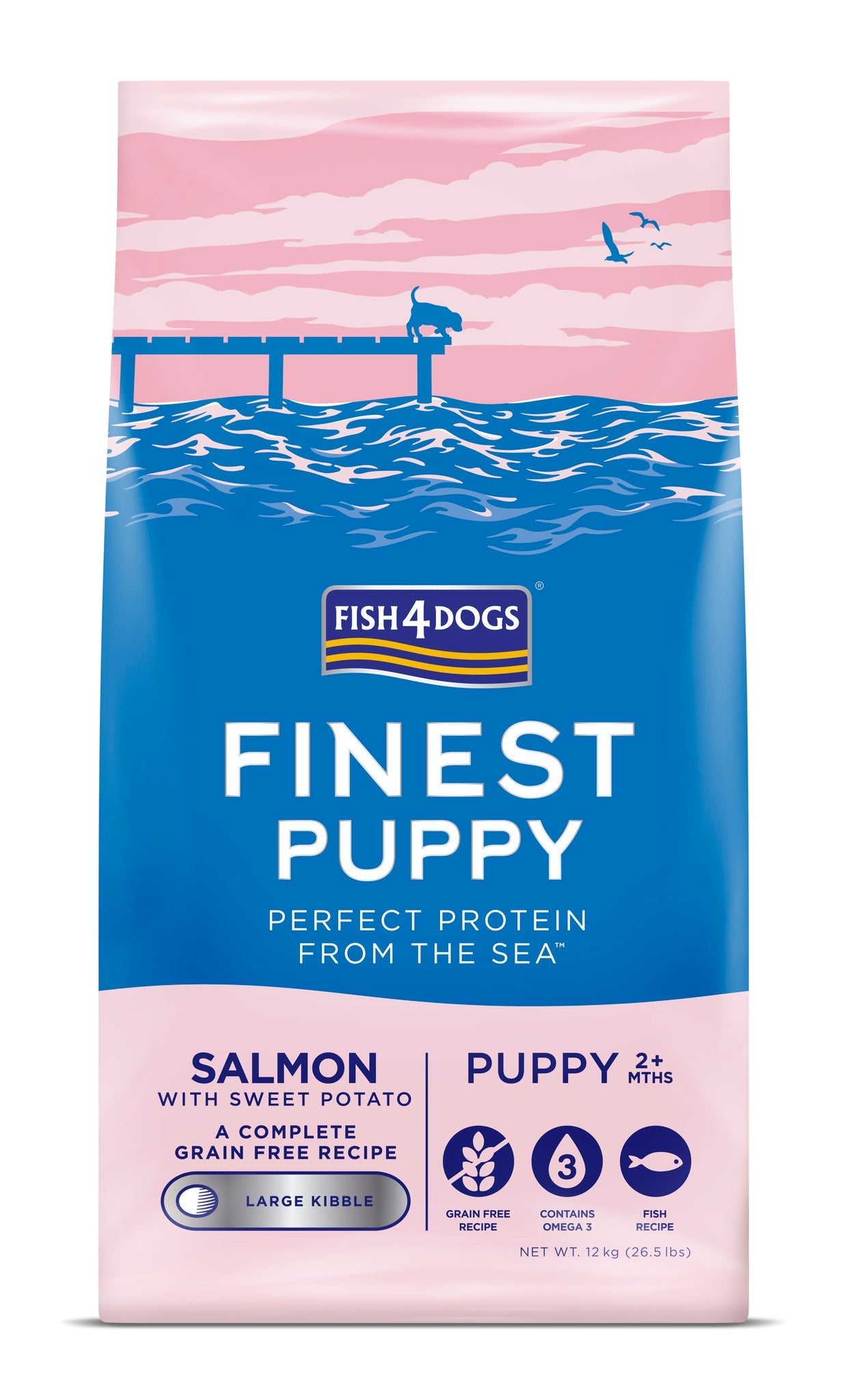 Þurrfóður – Fish4Dogs Finest Puppy lax og sætar kartöflur stór korn