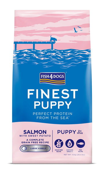 Þurrfóður – Fish4Dogs Finest Puppy lax og sætar kartöflur stór korn