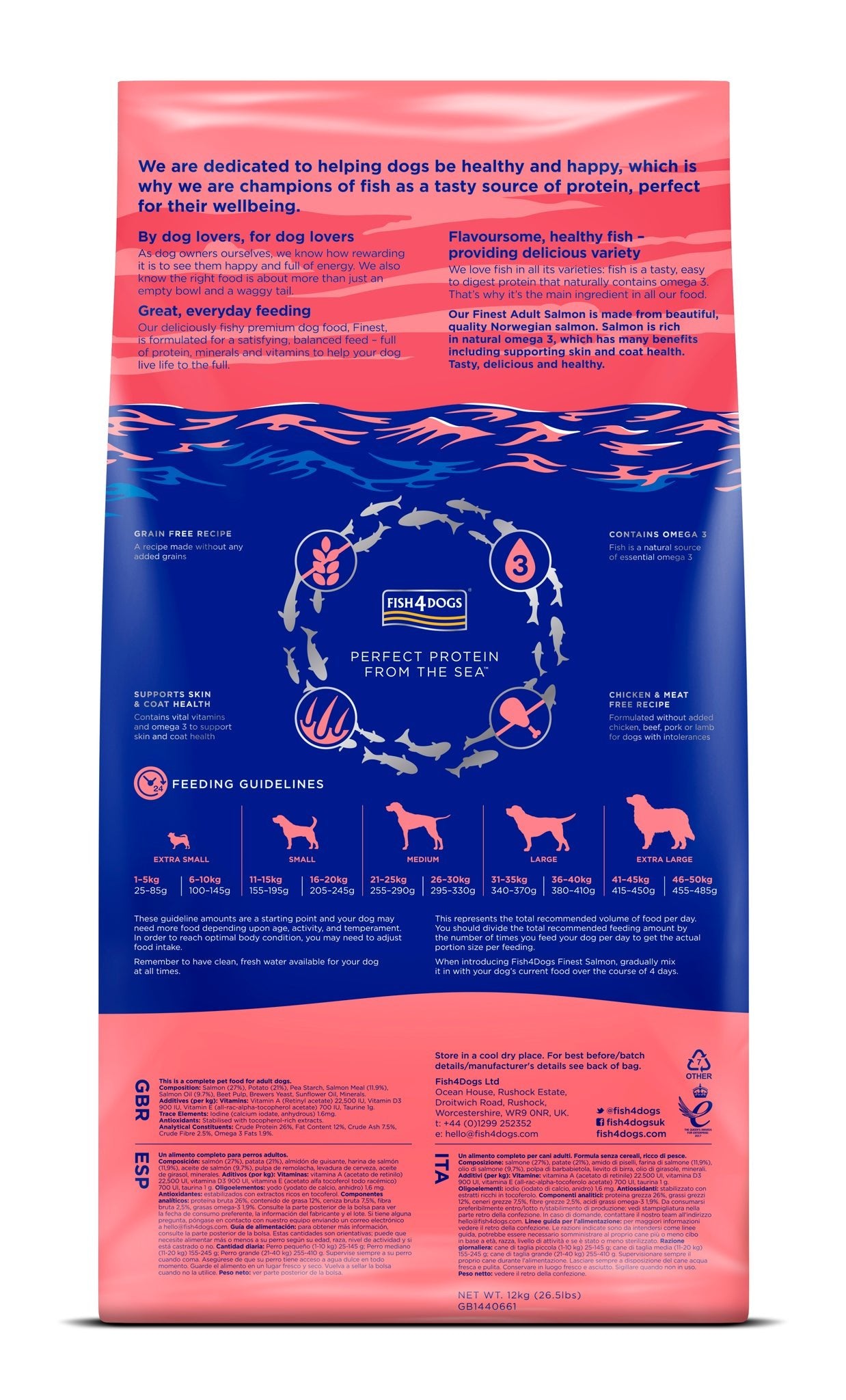 Fish4Dogs Finest Adult Salmon Potato large kibble – poki og skál