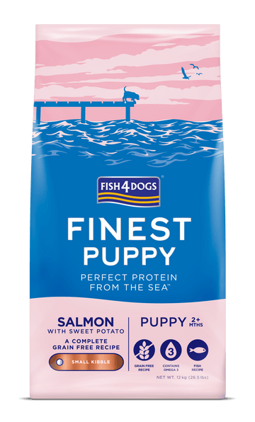 Þurrfóður – Fish4Dogs Finest Puppy lax og sætar kartöflur lítil korn