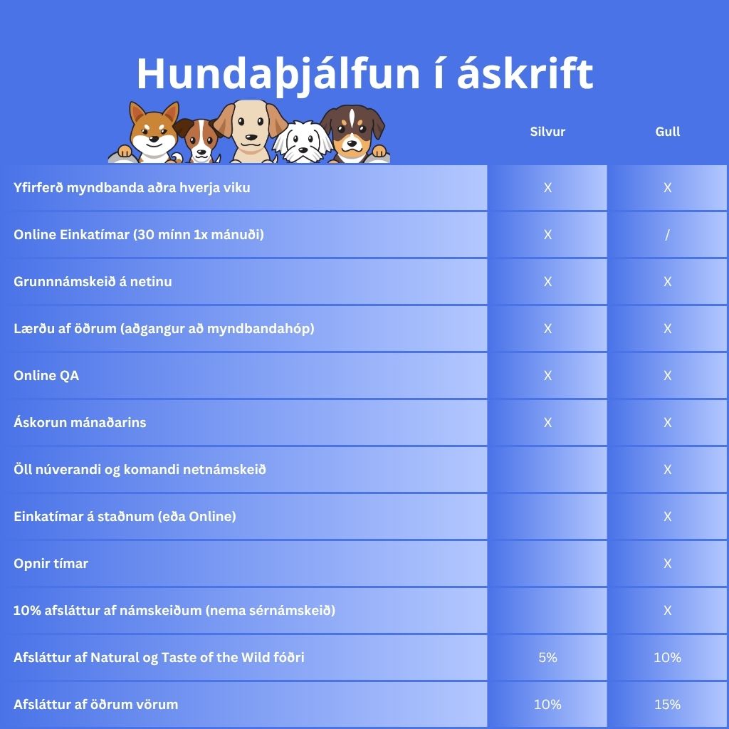 Hundaþjálfun í áskrift fyrir hvolpa og fullorðna hunda. Hægt að velja úr tveimur mismunandi áskriftarleiðum.